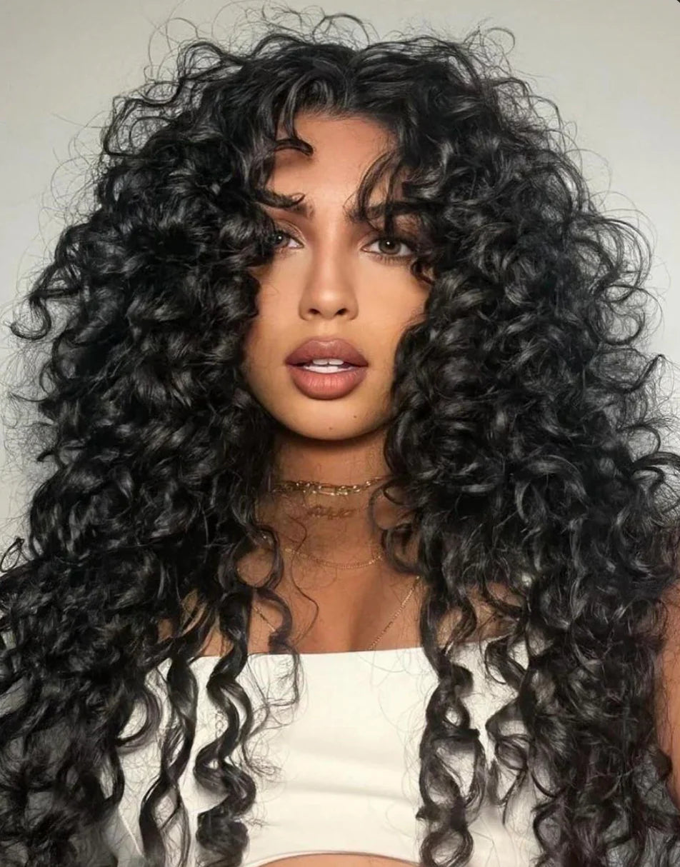 Curly Wave Wig With Bangs Natural Color Human Hair Glueless Wigs Low-Maintenance Wear Go