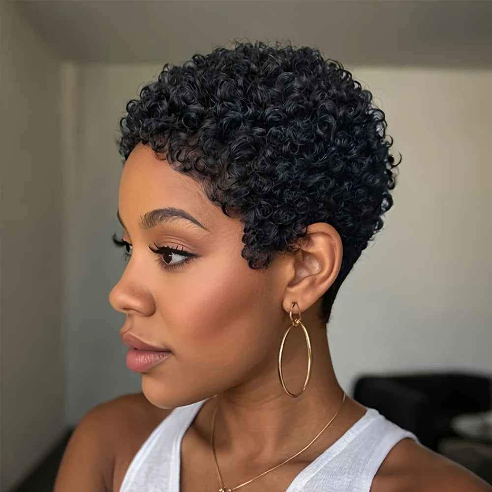 Pixie Cut Wigs Human Hair Wig For Black Women Short Afro Curly Machine Made Wigs Natural Lookings