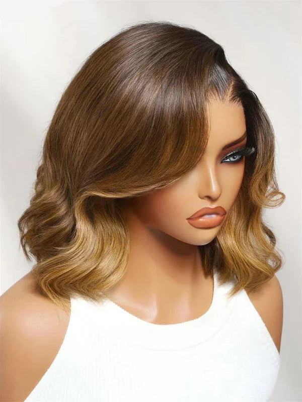 7x5 and 13x4 Glueless French Bob Style Human Hair with HD Lace Pre Everything Chocolate Brown Highlight Wig Soft Barrel Curls Wear and Go for Beginners 10Inch