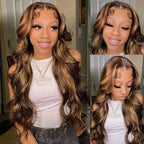 7x5 Bye-Bye Knots Glueless Wig Pre-Cut Lace Honey Blonde Body Wave With Bleached Clean Knots Ombre Highlight Color 150% Density