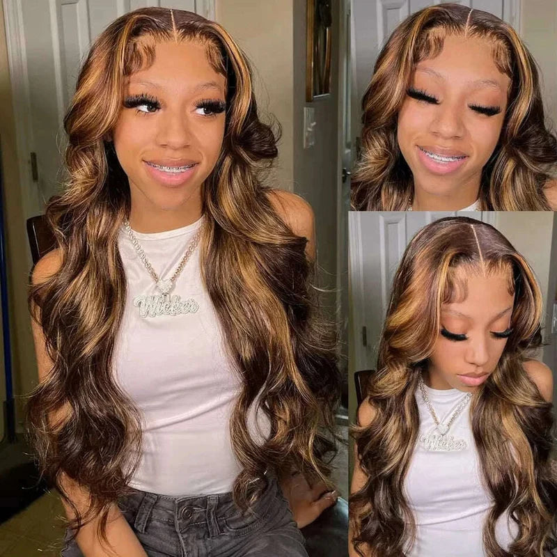 7x5 Bye-Bye Knots Glueless Wig Pre-Cut Lace Honey Blonde Body Wave With Bleached Clean Knots Ombre Highlight Color 150% Density