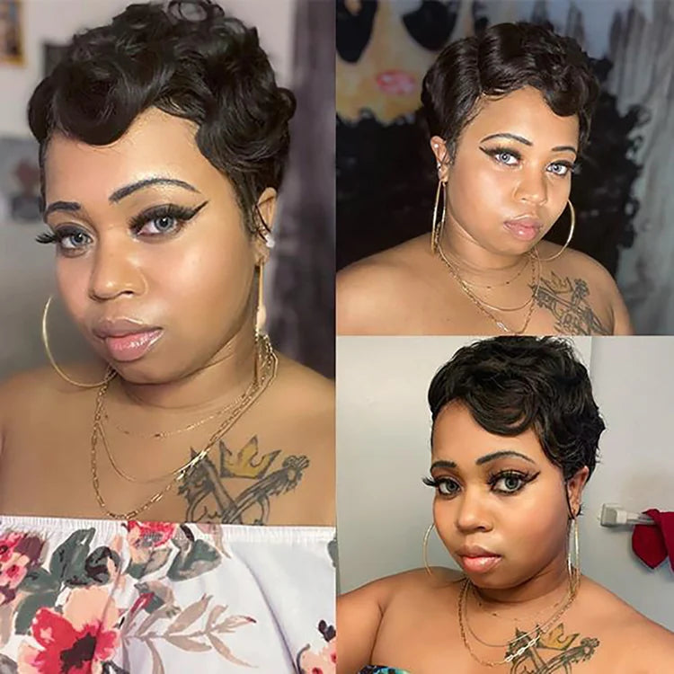 Modern Show Short Mommy Curly Hair Wig Finger Wave Human Hair Wear Go Wigs Guleless Remi Pixie Cut Wig Pre Plucked 150% Density On Sale