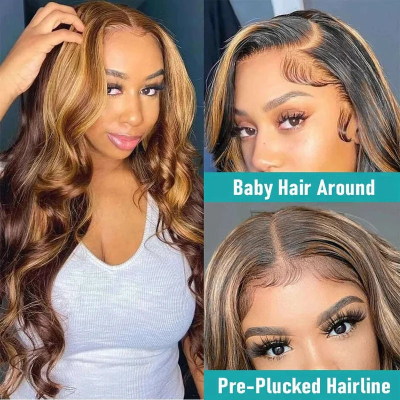 7x5 Bye-Bye Knots Glueless Wig Pre-Cut Lace Honey Blonde Body Wave With Bleached Clean Knots Ombre Highlight Color 150% Density