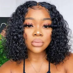Deep Wave Short Bob Wig Curly Lace Front Wig Glueless 13x4 Human Hair Wear Go Wigs Natural Black