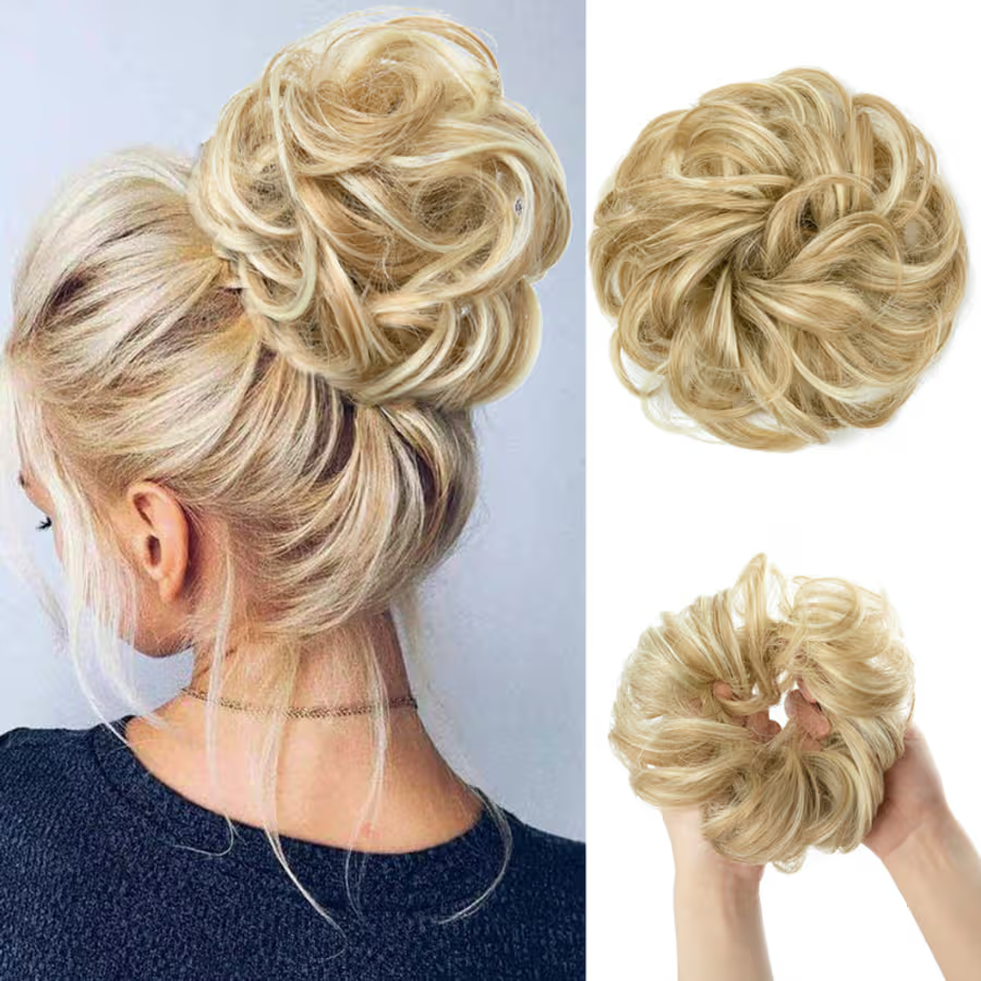 Large Messy Bun Hair Piece Wavy Curly Scrunchies Synthetic Chignon Ponytail Hair Extensions Thick Updo Hairpieces for Women Dirty Blonde