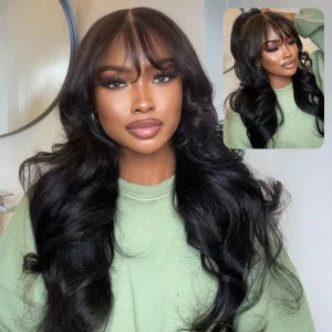 Boohair 7x5 Bye Bye Knots 13x4 Lace Fluffy Loose Body Wave Lace Frontal Wig with Bangs Pre everything Put On and Go Human Hair Glueless  Wigs 180% Density