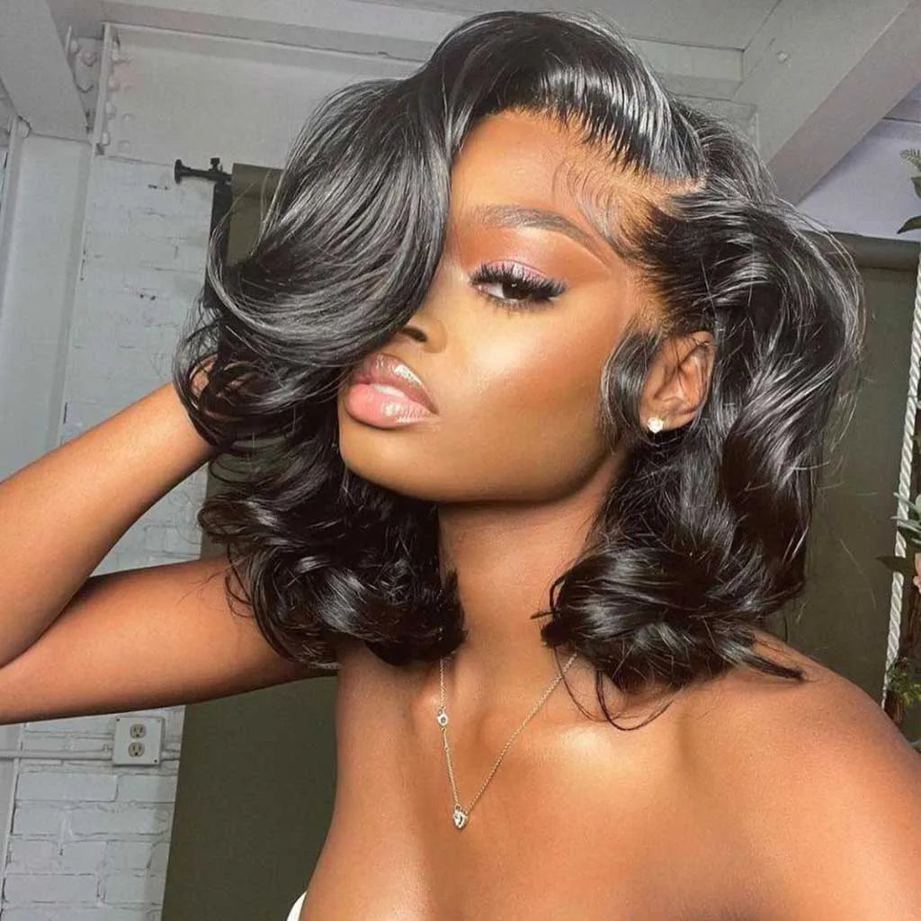 Short Bob Human Hair Wear Go Wig Glueless 13x4 Lace Front Pre-Plucked Body Wave Ocean Wave 180% Density - Natural Color (10 Inch)