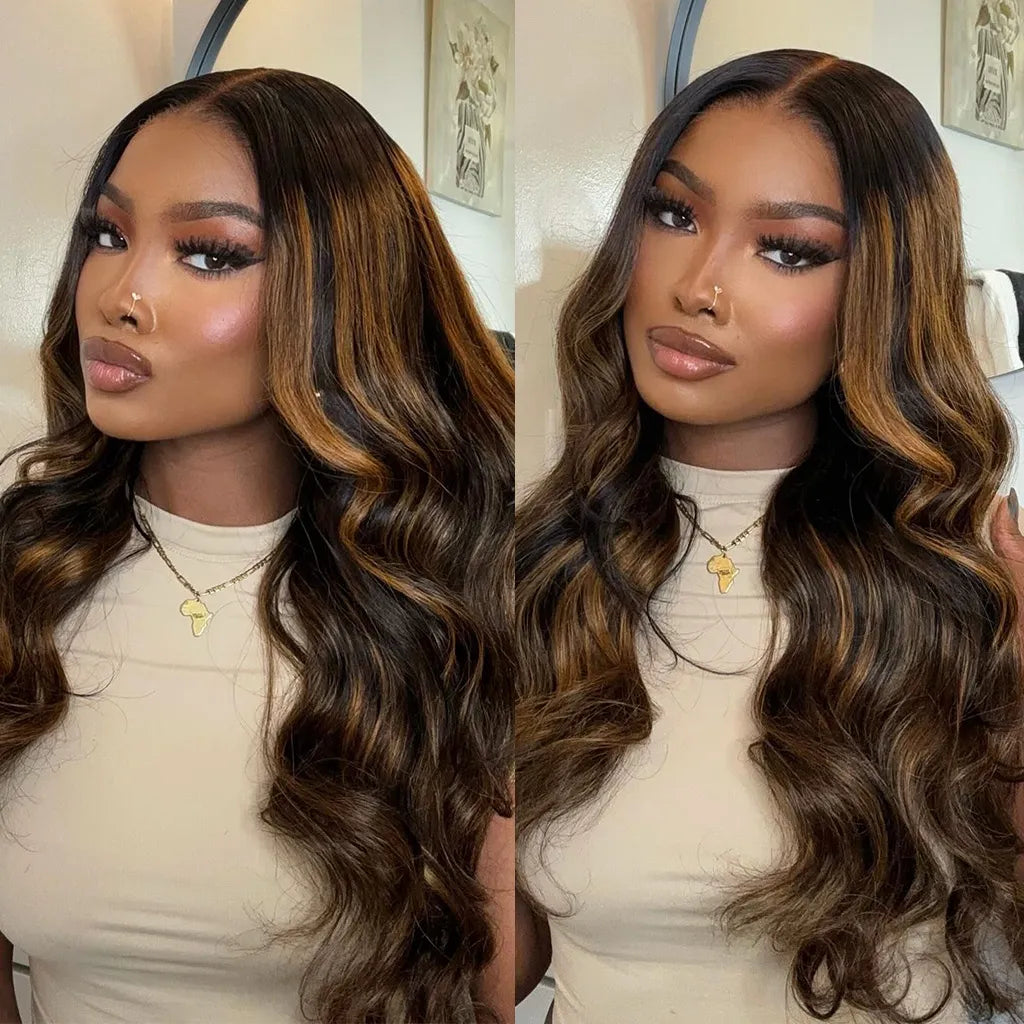 Balayage Highlight Glueless Body Wave 7x5 / 13x4 Lace Front Human Hair Wigs with Invisi Drawstring Put On and Go