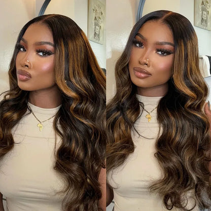 Balayage Highlight Glueless Body Wave 7x5 / 13x4 Lace Front Human Hair Wigs with Invisi Drawstring Put On and Go