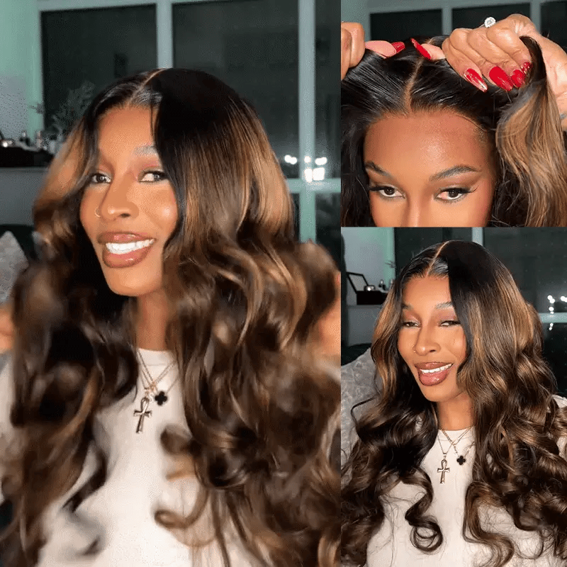 Balayage Highlight Glueless Body Wave 7x5 / 13x4 Lace Front Human Hair Wigs with Invisi Drawstring Put On and Go