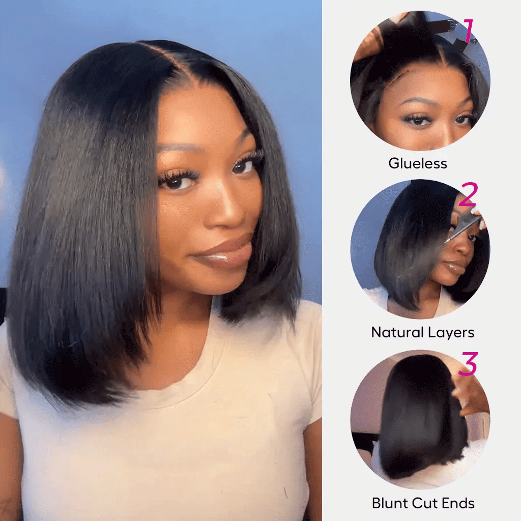 Flash Sale boohair Blunt Cut Light Yaki Straight 7x5 Pre-Cut Lace Bye Bye Knots Glueless Bob Wig Pre-plucked