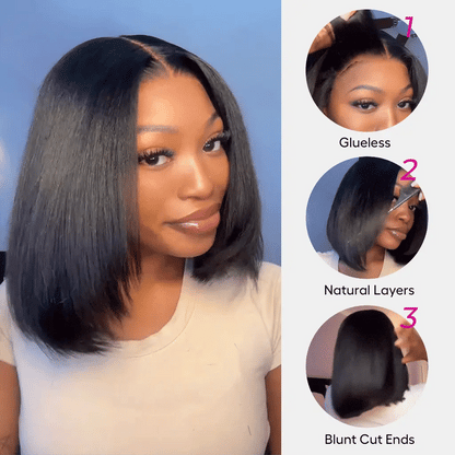 Flash Sale boohair Blunt Cut Light Yaki Straight 7x5 Pre-Cut Lace Bye Bye Knots Glueless Bob Wig Pre-plucked