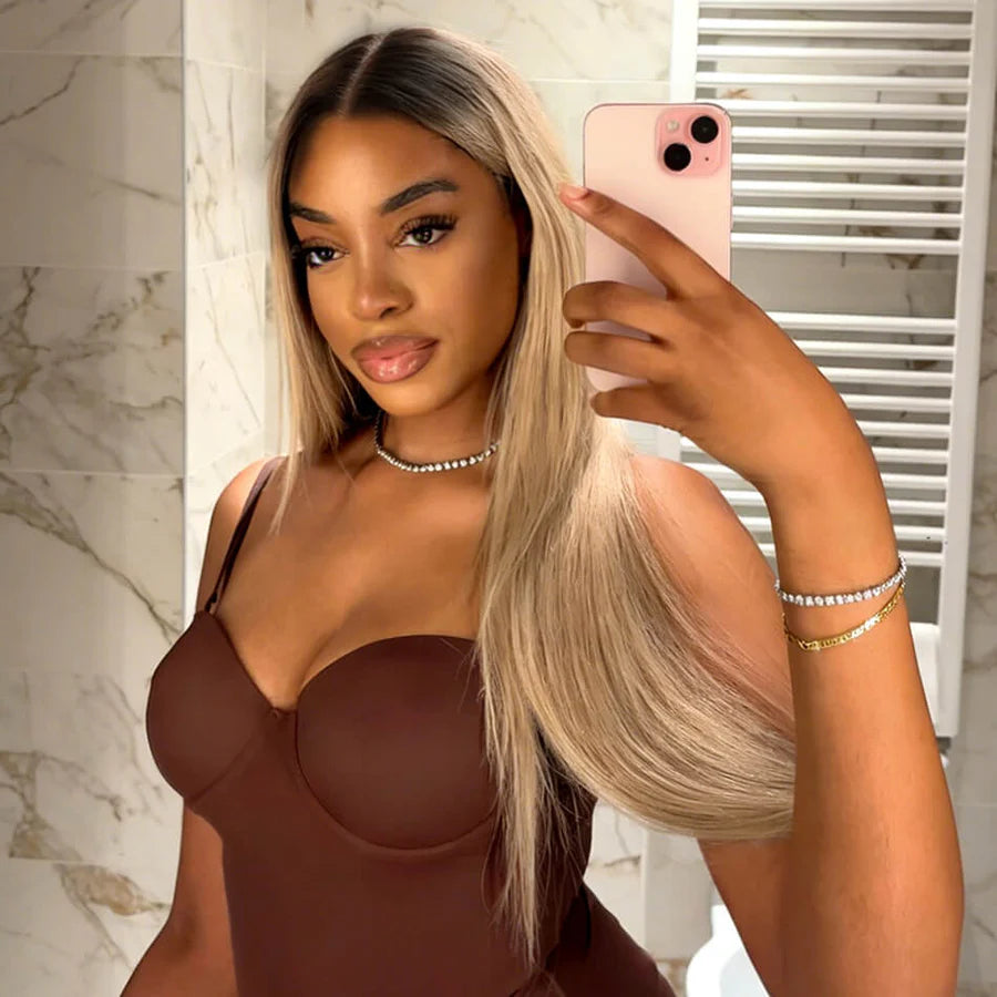13x6 Three-Go™ Ash Blonde Ombre Glueless Wigs Silky Straight Loose Body Wave With Drawstring Pre Plucked 100% Human Hair Wig