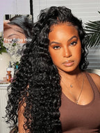 7x5 Glueless Wig Pre Cut 180% Density Wet And Wavy Water Wave Natural Black Invisible Knots Lace Frontal Wig Put On and Go