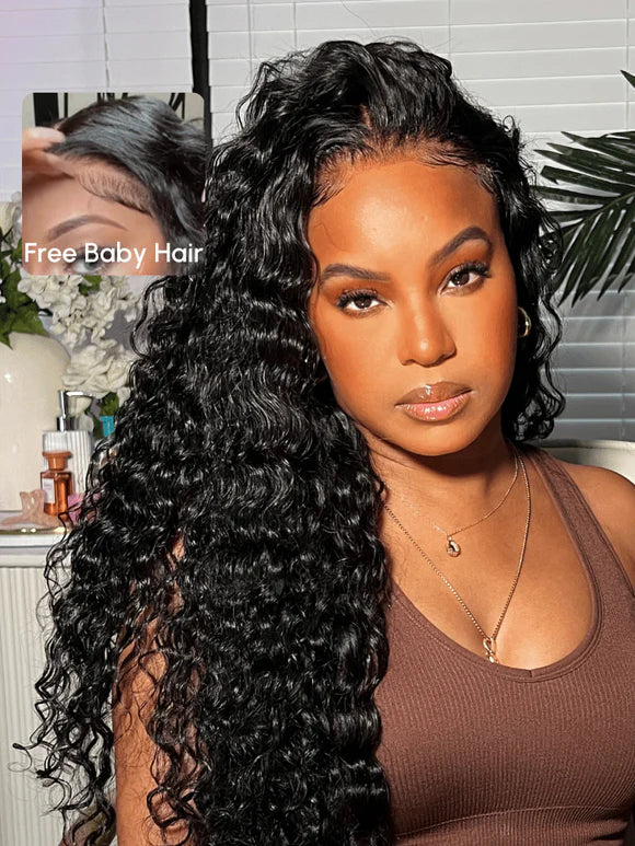 7x5 Glueless Wig Pre Cut 180% Density Wet And Wavy Water Wave Natural Black Invisible Knots Lace Frontal Wig Put On and Go