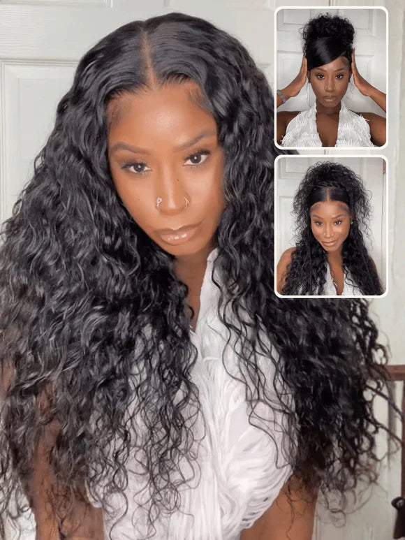 7x5 Glueless Wig Pre Cut 180% Density Wet And Wavy Water Wave Natural Black Invisible Knots Lace Frontal Wig Put On and Go