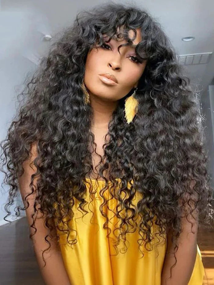 Curly Wave Wig With Bangs Natural Color Human Hair Glueless Wigs Low-Maintenance Wear Go