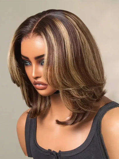 Blonde Highlight Short Layered Bob Wig Wear Go Glueless 13x4 Lace Front Pre-Cut Human Hair Wig
