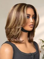 Blonde Highlight Short Layered Bob Wig Wear Go Glueless 13x4 Lace Front Pre-Cut Human Hair Wig