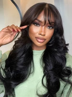 Boohair 7x5 Bye Bye Knots 13x4 Lace Fluffy Loose Body Wave Lace Frontal Wig with Bangs Pre everything Put On and Go Human Hair Glueless  Wigs 180% Density