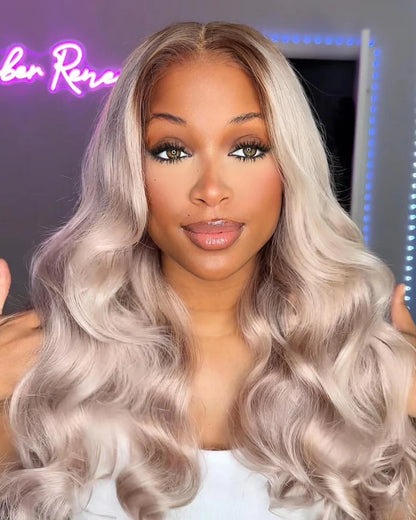 13x6 Three-Go™ Ash Blonde Ombre Glueless Wigs Silky Straight Loose Body Wave With Drawstring Pre Plucked 100% Human Hair Wig