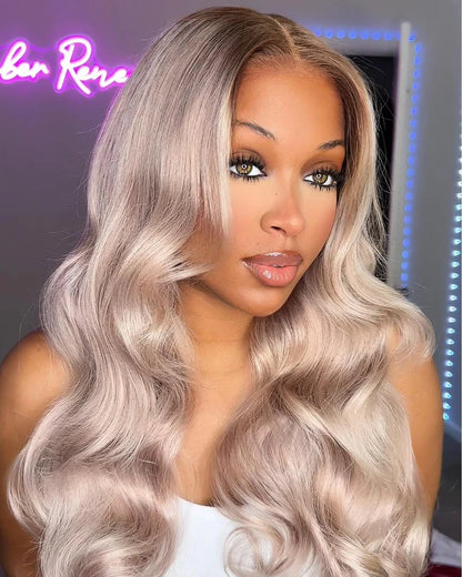 13x6 Three-Go™ Ash Blonde Ombre Glueless Wigs Silky Straight Loose Body Wave With Drawstring Pre Plucked 100% Human Hair Wig