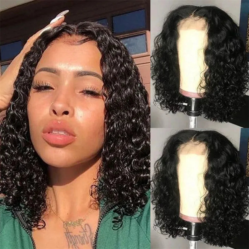 Deep Wave Short Bob Wig Curly Lace Front Wig Glueless 13x4 Human Hair Wear Go Wigs Natural Black
