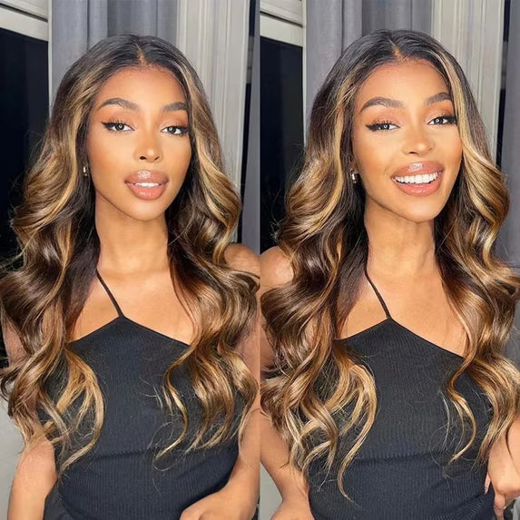 13x6 Ombre Blonde Highlight Brown Body Wave HD Lace Closure Wig 180% Density Wear Go Human Hair