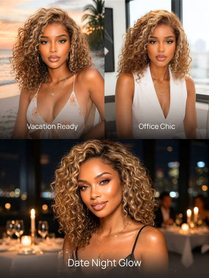 Honey Blonde Highlights Sun-kissed Hair 7x5 Pre Cut Shoulder-length Glueless Curly Bob Wig Put On and Go 180% Density