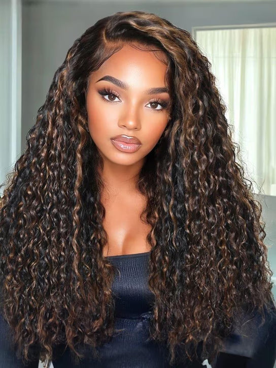 7x5 Pre Cut Glueless Golden Brown Highlights Water Wave Bye Bye Knots Lace Closure Wig 150% Density