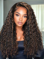 7x5 Pre Cut Glueless Golden Brown Highlights Water Wave Bye Bye Knots Lace Closure Wig 150% Density