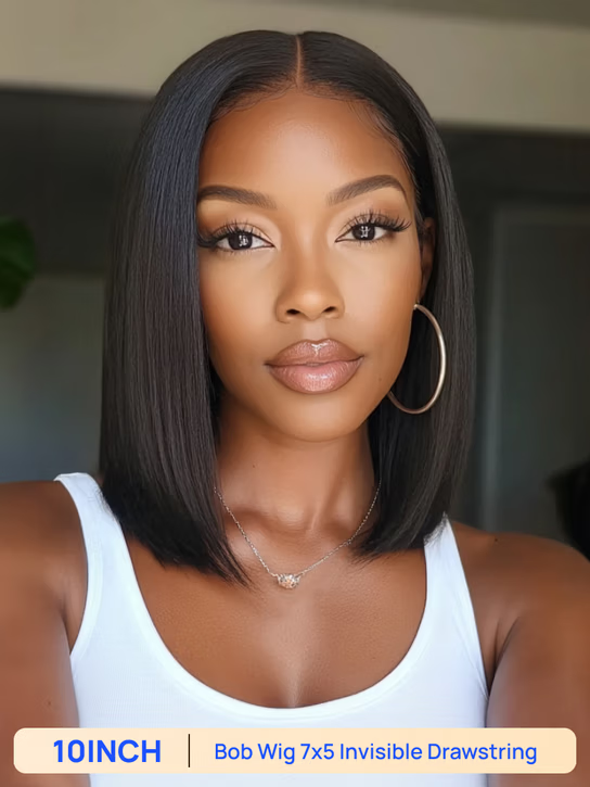 7x5 Glueless Lace Natural Black Yaki Straight Hair Pre Layered Short Bob Bleached Knots Drawstring Wig Beginner Friendly