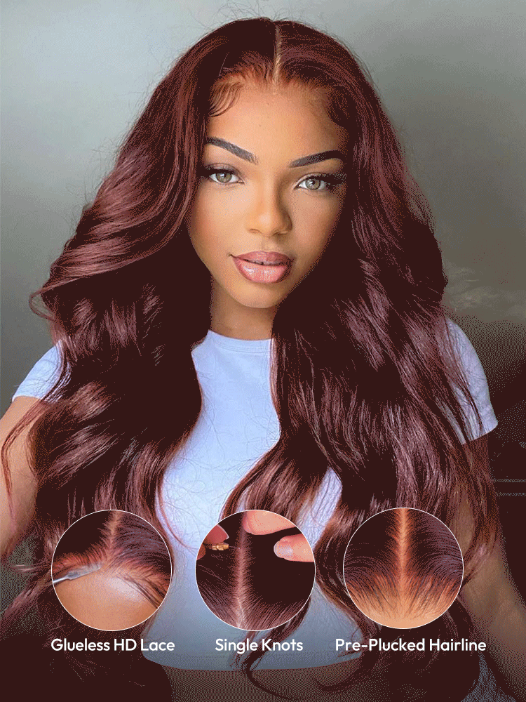 Body Wave Put On and Go Glueless Wigs 150% Density Reddish Brown 7x5 Pre-Cut Lace Wigs with Natural Hairline