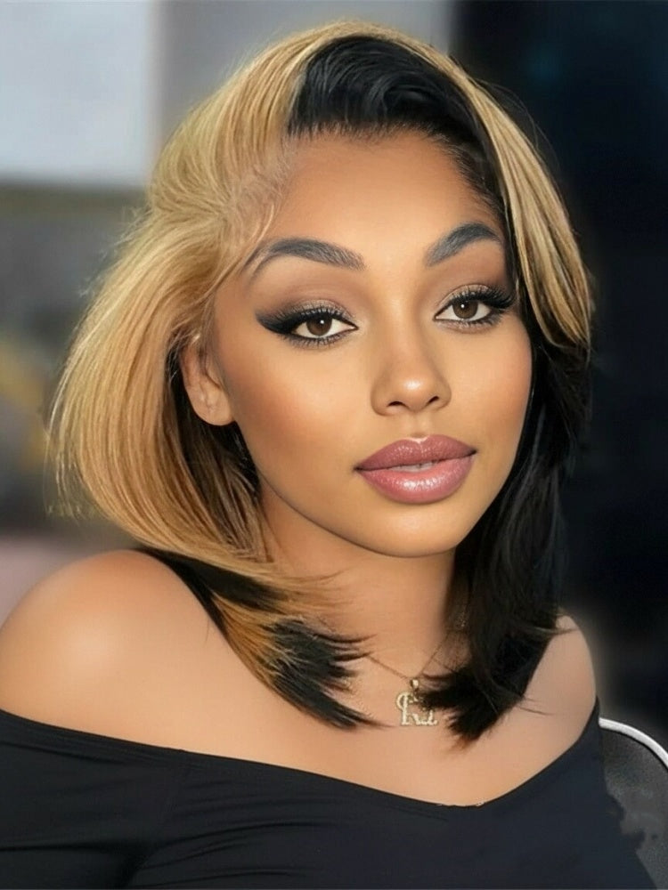 Honey Blonde Short Bob  Straight Wigs Face Framing  Skunk Stripe 13x6 Lace Frontal Ready To Go Wigs