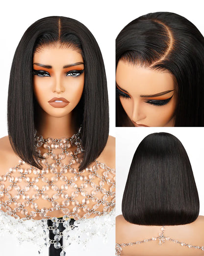 7x5 Glueless Lace Natural Black Yaki Straight Hair Pre Layered Short Bob Bleached Knots Drawstring Wig Beginner Friendly