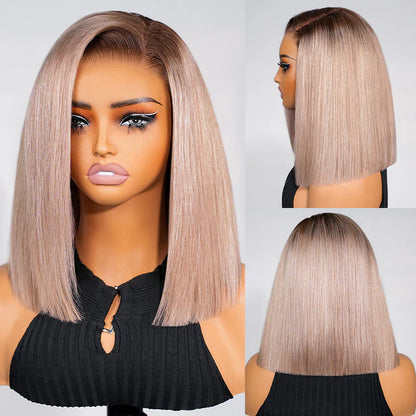 13x6 HD Lace Front Wig Human Hair Invisible Knots Ash Blonde Ombre Silky Straight 12 Inch Short Bob Wigs With Pre-Cut Lace 180% Density Blond Wig