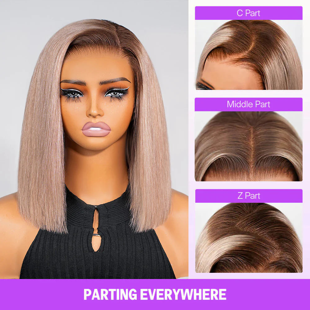 13x6 HD Lace Front Wig Human Hair Invisible Knots Ash Blonde Ombre Silky Straight 12 Inch Short Bob Wigs With Pre-Cut Lace 180% Density Blond Wig