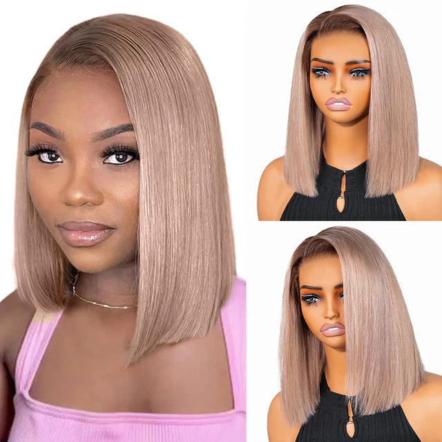 13x6 HD Lace Front Wig Human Hair Invisible Knots Ash Blonde Ombre Silky Straight 12 Inch Short Bob Wigs With Pre-Cut Lace 180% Density Blond Wig