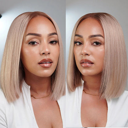 13x6 HD Lace Front Wig Human Hair Invisible Knots Ash Blonde Ombre Silky Straight 12 Inch Short Bob Wigs With Pre-Cut Lace 180% Density Blond Wig