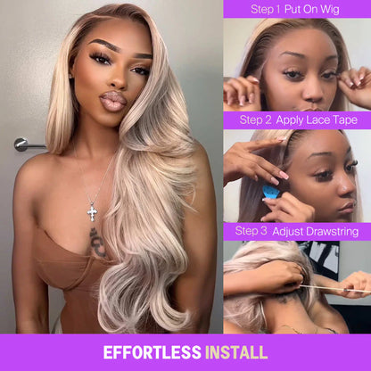13x6 Three-Go™ Ash Blonde Ombre Glueless Wigs Silky Straight Loose Body Wave With Drawstring Pre Plucked 100% Human Hair Wig
