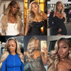 13x6 Three-Go™ Ash Blonde Ombre Glueless Wigs Silky Straight Loose Body Wave With Drawstring Pre Plucked 100% Human Hair Wig