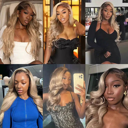 13x6 Three-Go™ Ash Blonde Ombre Glueless Wigs Silky Straight Loose Body Wave With Drawstring Pre Plucked 100% Human Hair Wig