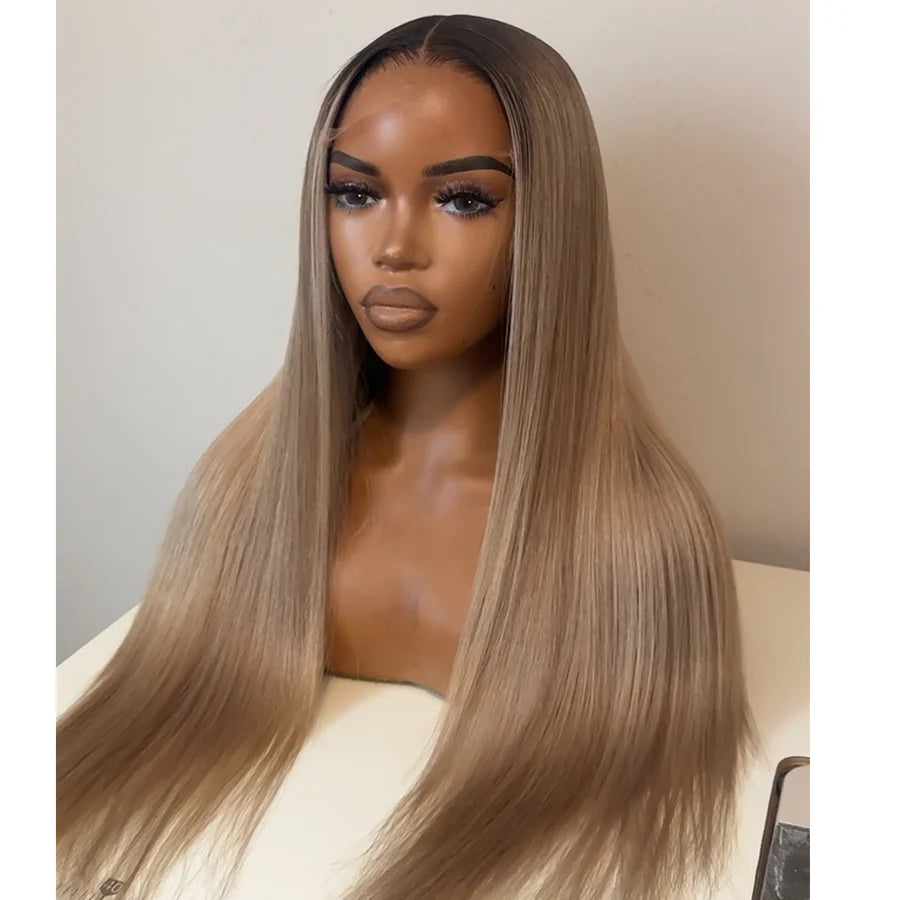 13x6 Three-Go™ Ash Blonde Ombre Glueless Wigs Silky Straight Loose Body Wave With Drawstring Pre Plucked 100% Human Hair Wig