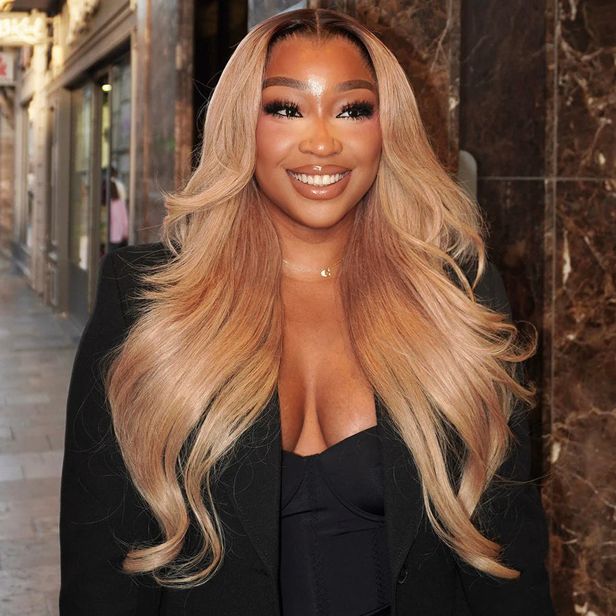 13x6 Three-Go™ Ash Blonde Ombre Glueless Wigs Silky Straight Loose Body Wave With Drawstring Pre Plucked 100% Human Hair Wig