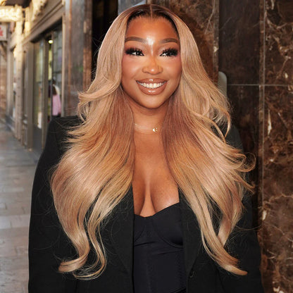 13x6 Three-Go™ Ash Blonde Ombre Glueless Wigs Silky Straight Loose Body Wave With Drawstring Pre Plucked 100% Human Hair Wig