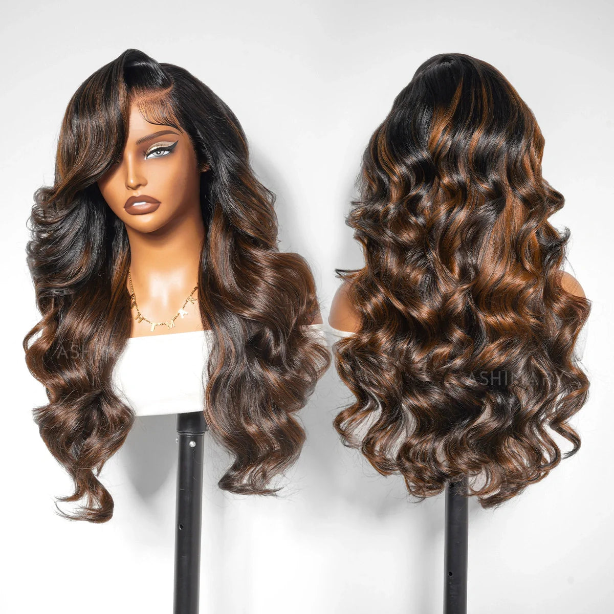 Brown Highlight Peacock Curls 13x4 Full Lace Wig Glueless Pull & Go Pre-Everything Body Wave Loose Wave Wig