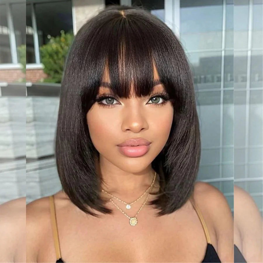 Black Brown Highlight Layered Cut Yaki Straight Short Bob Wigs Put On and Go Wig with Bangs Human Hair Wigs
