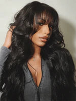Boohair 7x5 Bye Bye Knots 13x4 Lace Fluffy Loose Body Wave Lace Frontal Wig with Bangs Pre everything Put On and Go Human Hair Glueless  Wigs 180% Density