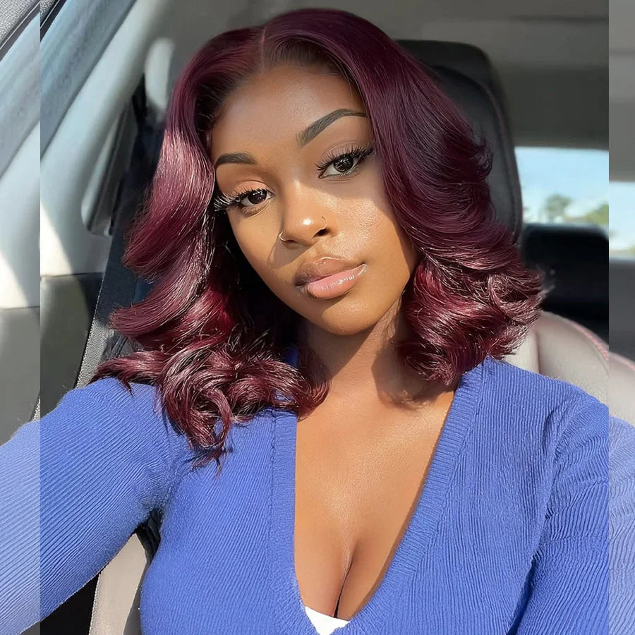Black Cherry 7x5 Lace Front Drawstring Glueless Short Bob Body Wave Wig Pre-Everything Salon Free Human Hair Wigs