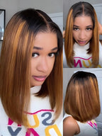 Caramel Highlights On Blonde 7x5 Pre Cut Lace Straight Blunt Bob Hair Wig With Dark Roots Glueless Human Hair Beginner Friendly